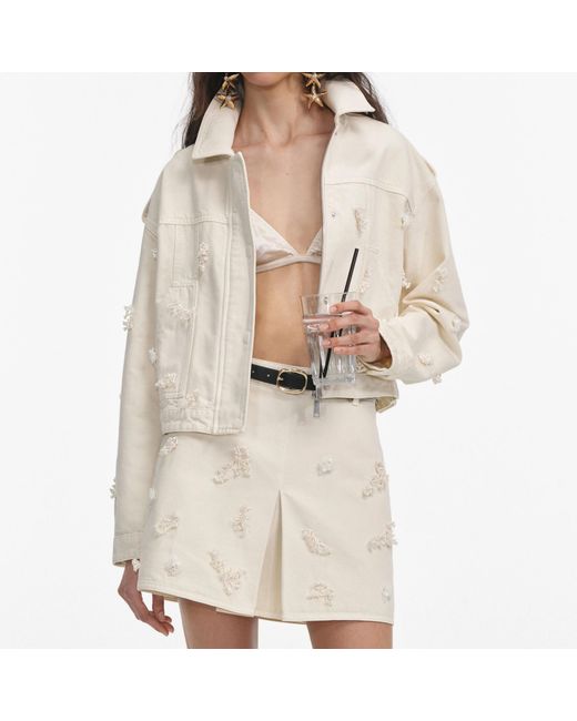 Self-Portrait Natural Floral Beaded Denim Jacket