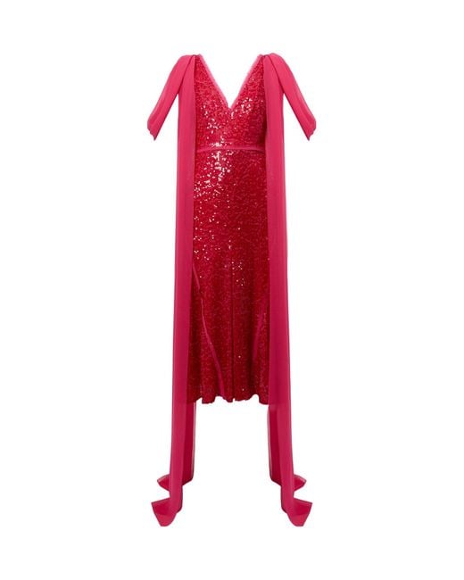 Erdem Red Drape-Shoulder Sequinned Midi Dress