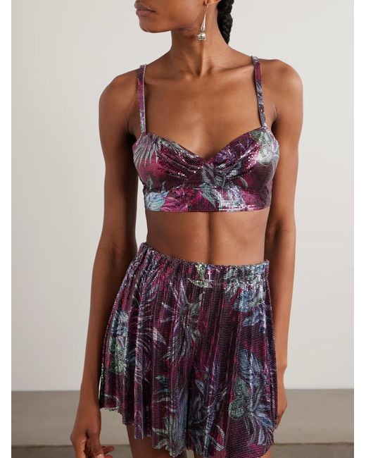 Rabanne Purple Rabanne Palm Tree-Printed Mesh Bralette Top