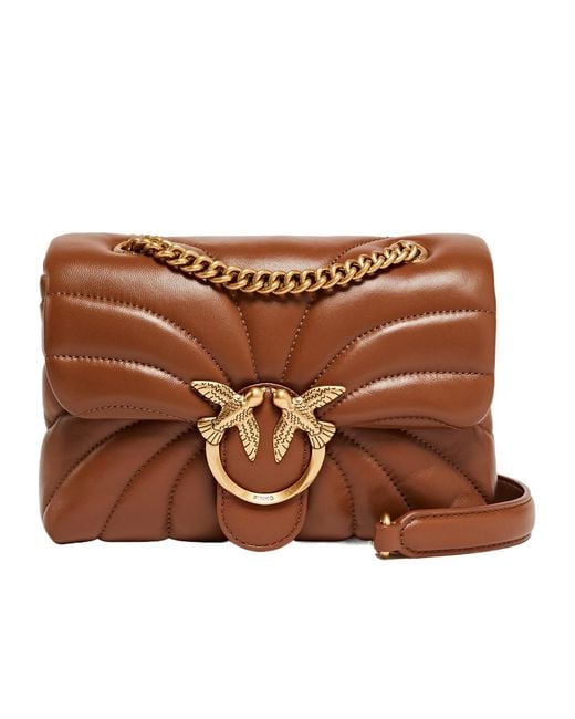 Pinko Brown Love Puff Chain Linked Mini Crossbody Bag