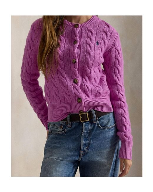 Polo Ralph Lauren Purple Cable-Knit Logo-Embroidered Cardigan