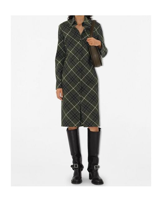 Burberry Green Checkered Long-Sleeve Shirt Dress