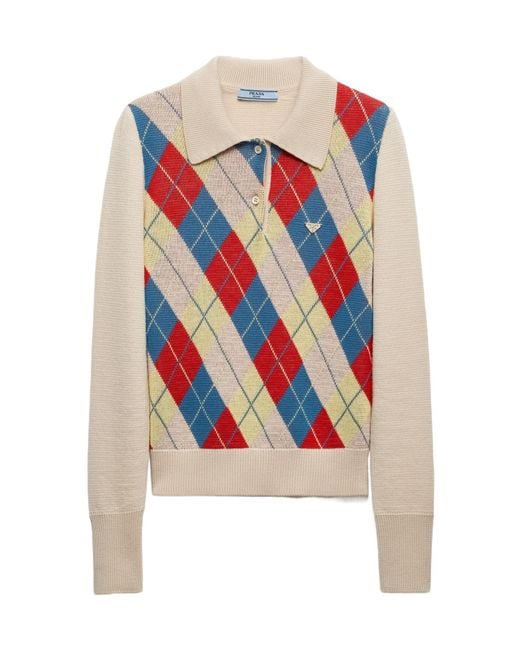 Prada White Logo Plaque Knitted Polo Shirt
