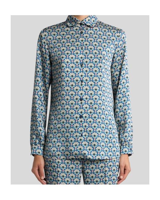 Etro Blue Micro Palm Motif Twill Shirt