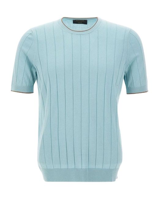 Gran Sasso Blue Ribbed Short-Sleeve Knitted Top for men