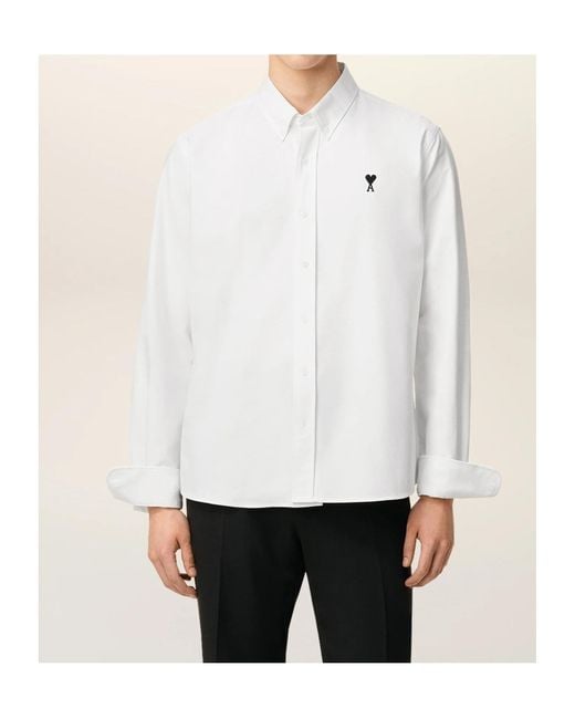 AMI White Ami De Coeur Logo Embroidered Buttoned Shirt for men