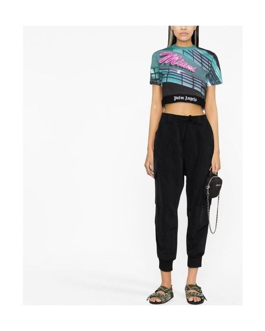 Palm Angels Blue Miami Print Crop T-Shirt