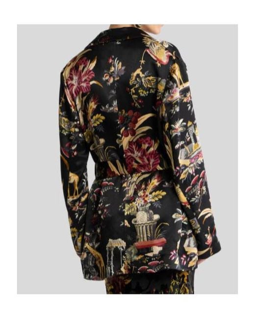 Etro Black Envers Satin Jacket With Belt And Flower And Animal Motif
