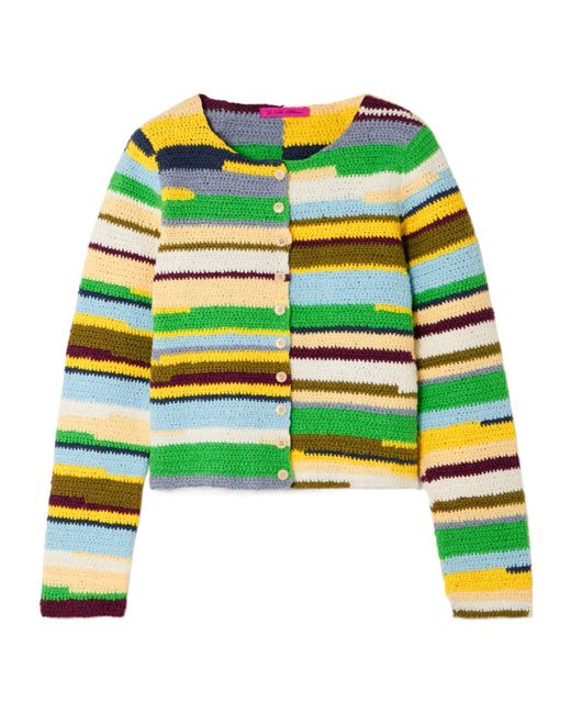 The Elder Statesman Green Striped Crocheted Organic Cotton Cardigan