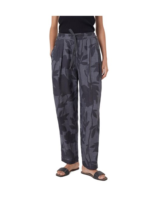 Brunello Cucinelli Blue Floral-Print Linen Trousers
