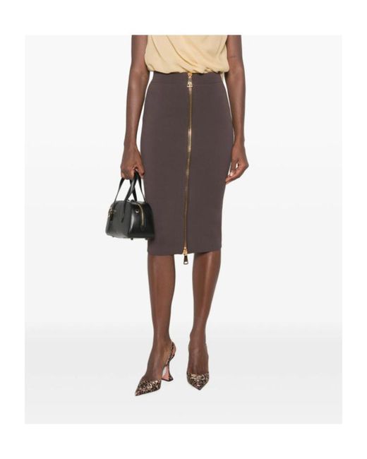 Elisabetta Franchi Brown Front-Zip Pencil Midi Skirt