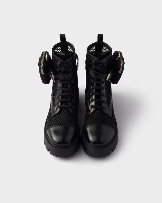 Prada Black Mesh Fabric And Brushed Leather Booties With Pouch