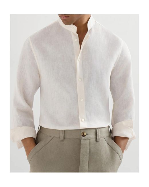Brunello Cucinelli White Linen Shirt With Mandarin Collar for men