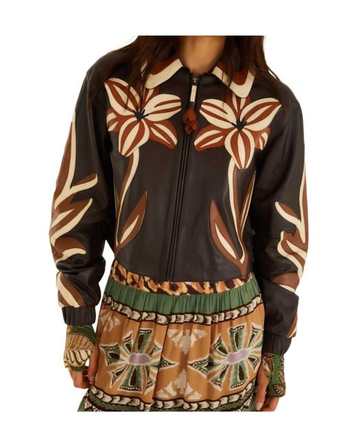 Farm Rio Brown Flower Cutwork Collared Leather Jacket