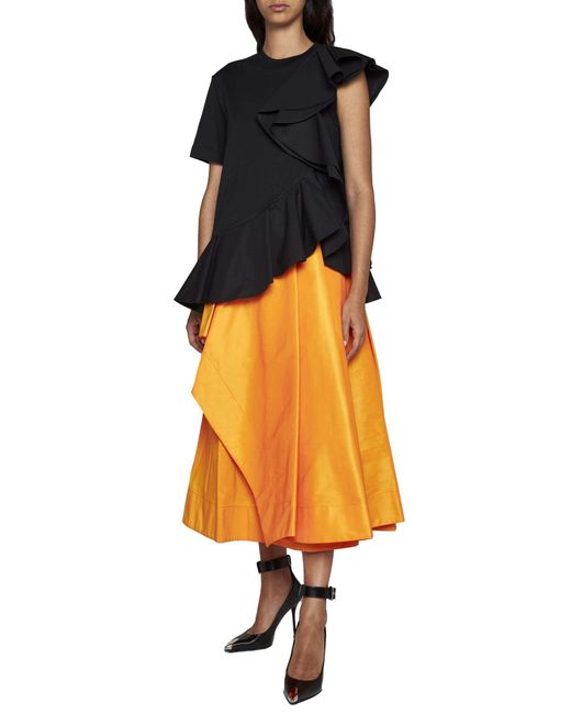 McQueen Black Asymmetric Ruffled Crewneck Top