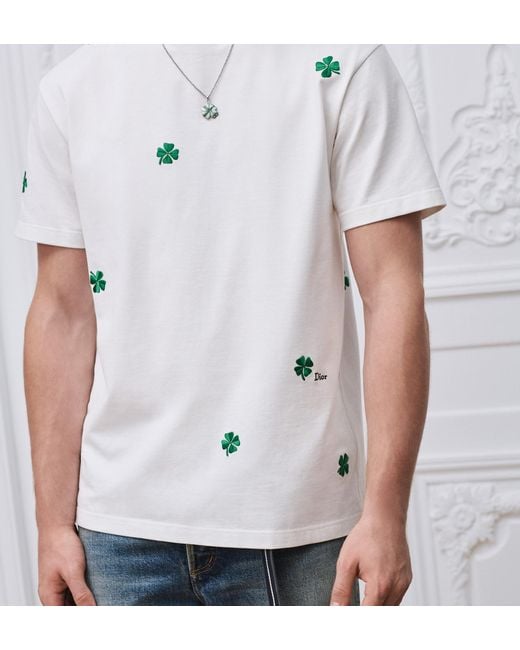 Dior White T-Shirt With Clover Embroidery, Relaxed Fit for men