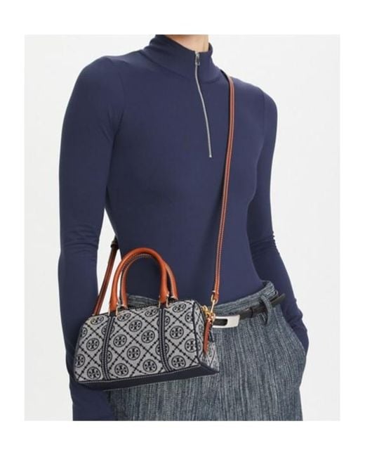 Tory Burch Gray T Monogram Zipped Mini Barrel Bag