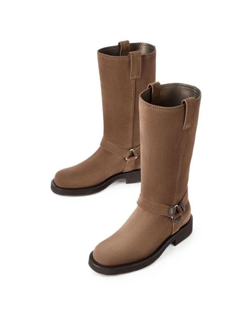 Brunello Cucinelli Brown Suede Biker Boots With Shiny Loops