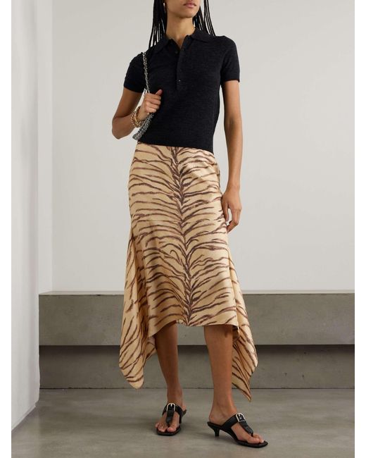 Stella McCartney Natural Asymmetric Ruffled Zebra-Print Silk Midi Skirt