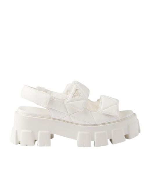 Prada White Triangle-Logo Quilted Chunky Sandals