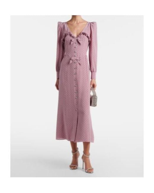 Alessandra Rich Purple Polka-Dot Ruffled Silk Midi Dress