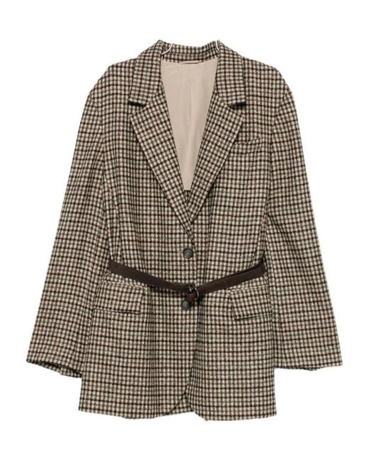 Brunello Cucinelli Brown Check-Pattern Belted Blazer