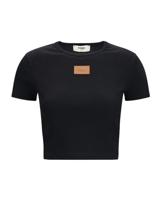 Fendi Black Cropped Ribbed Logo-Patch T-Shirt