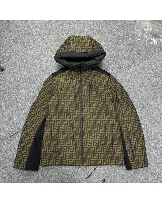 Fendi Green Ff Motif Zip-Up Hooded Jacket