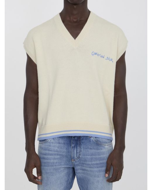 Dior White Homme Logo Embroidered V-Neck Vest for men