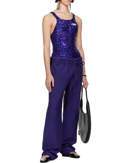 Tory Burch Blue High-Waisted Belted Trousers