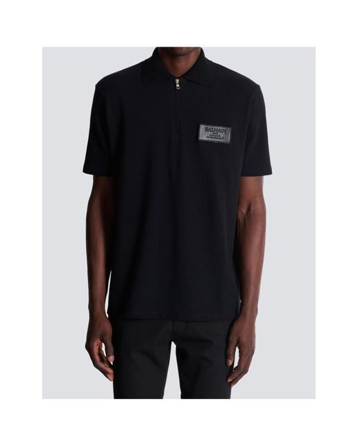 Balmain Black Logo Patch Polo Shirt for men