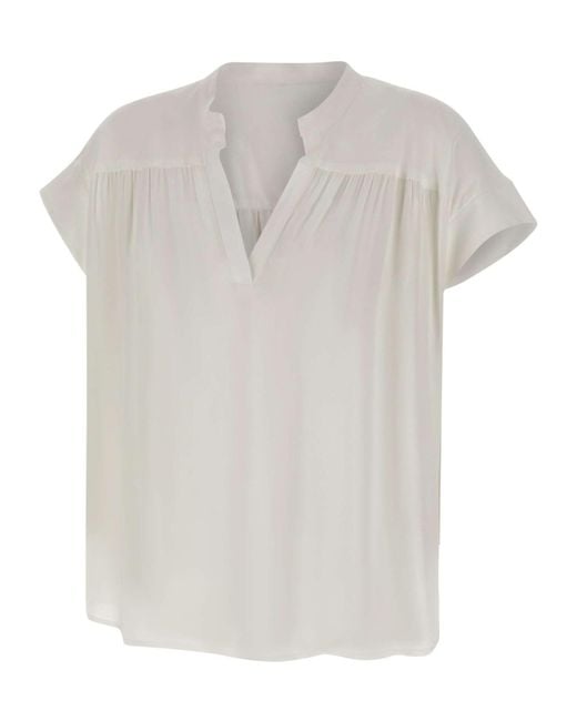 Kaos White Gathered V-Neck Blouse