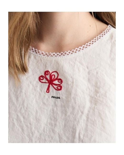Prada White Embroidered Slubbed Canvas Mini-Dress