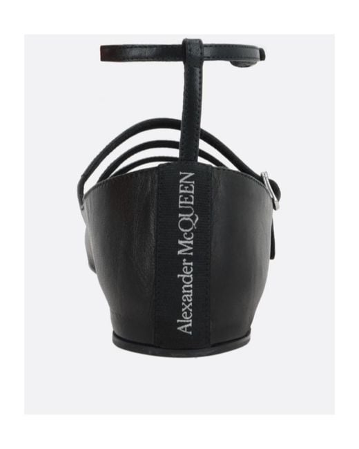 McQueen Black Buckled-Straps Square-Toe Ballerina Shoes