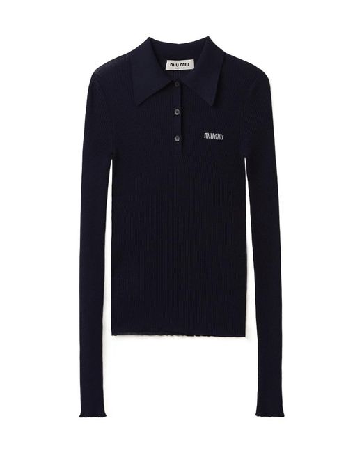Miu Miu Blue Cashmere And Silk Knit Polo Shirt