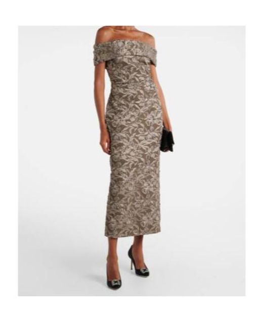 Oscar de la Renta Gray Floral Metallic Jacquard Midi Dress