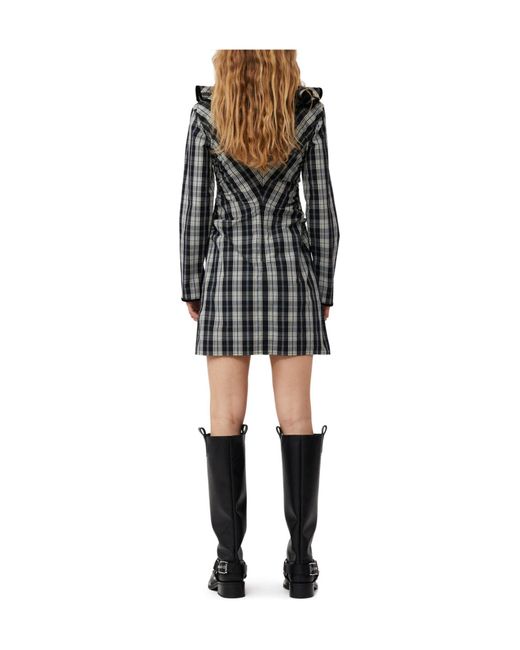 Ganni Black Checkered Cotton Ruffle V-Neck Mini Dress