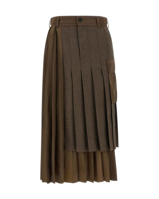 Sacai Brown Asymmetrical Pleated Midi Skirt