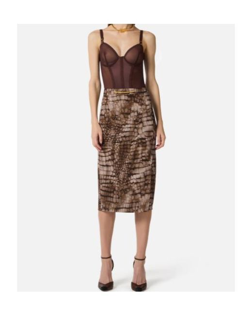 Elisabetta Franchi Brown Printed Side-Slit Midi Skirt