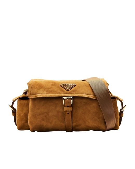 Prada Brown Explore Medium Suede Shoulder Bag With Flap