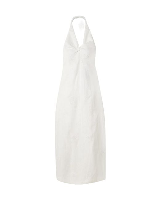 Sir White Alessandra Twist-Front Embroidered Linen Halterneck Midi Dress