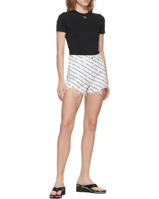 T By Alexander Wang White Logo Print Denim Shorts