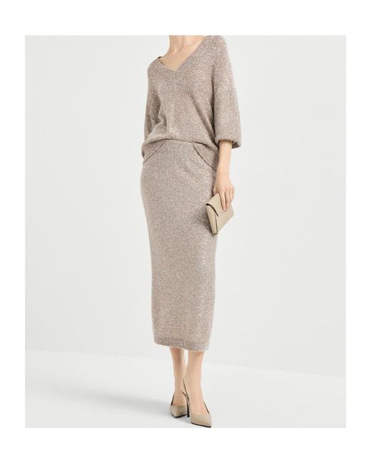 Brunello Cucinelli Gray Elastic-Waistband Midi Skirt