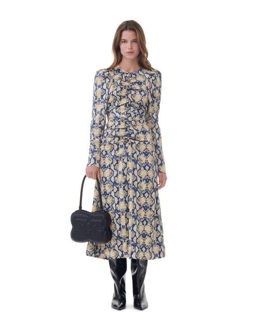 Ganni Multicolor Snake Printed Crinkled Satin O-Neck Midi Dress