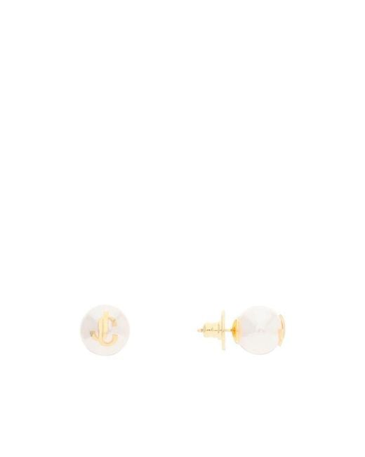 Jimmy Choo White Logo Detailed Embellished Earrings