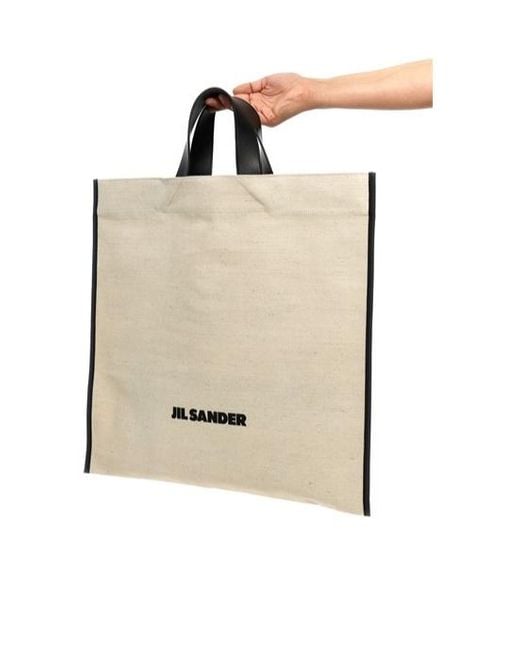 Jil Sander Natural Logo Printed Border Book Tote Square Shopping Bag