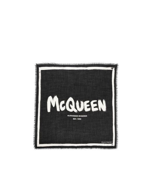 McQueen Black Graffiti-Printed Frayed Edge Scarf