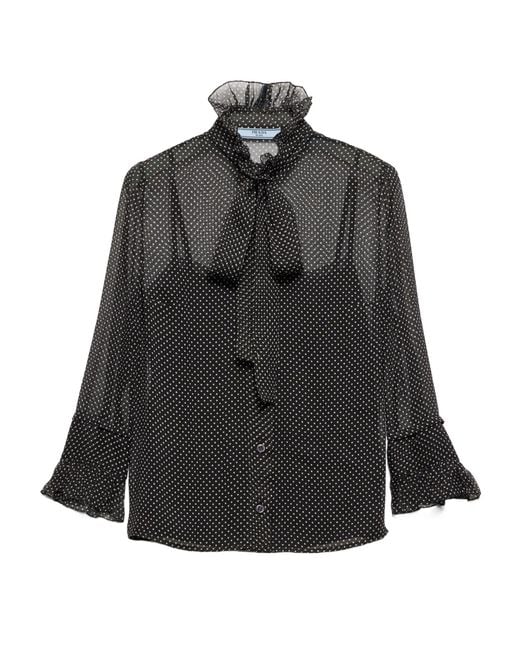 Prada Black Polka-Dot Silk Chiffon Shirt