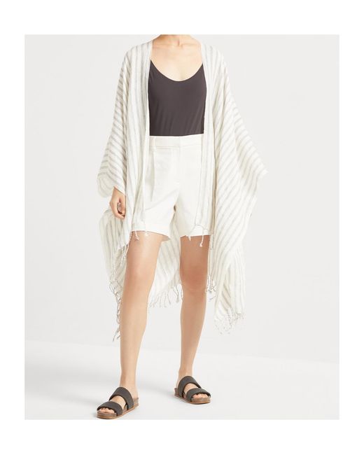 Brunello Cucinelli White Striped Poncho