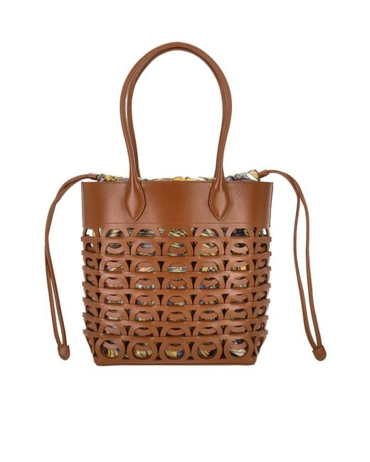 Ferragamo Brown Ferragamo Gancini Drawstring Medium Tote Bag